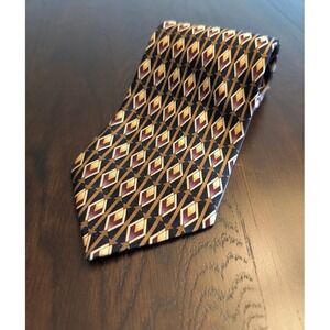 Louis Roth Mens Silk Tie Geometric Pattern Gold Brown Burgundy Black
